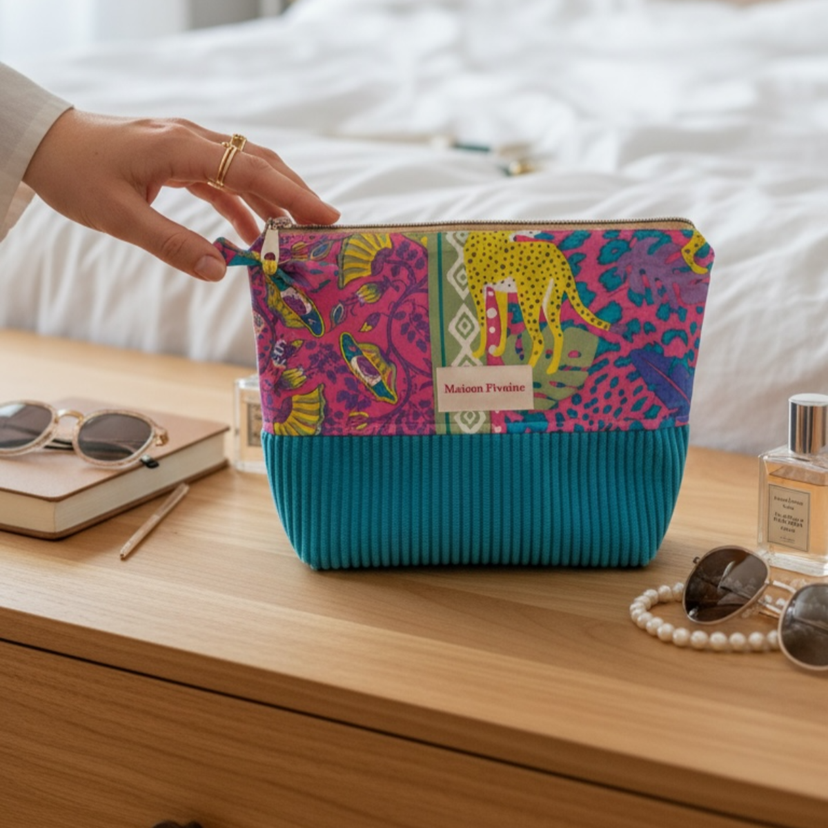 Grande trousse de toilette artisanale Maison Pivoine, motif floral rose et panthère jaune avec bas en velours côtelé turquoise, posée sur une table en bois à côté de lunettes de soleil.