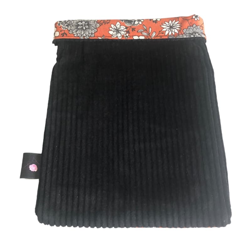 pochette à livre velours noir et coton fleuri noir et saumon
