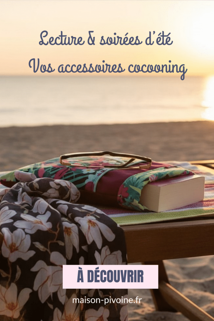 Lecture et soirées d'été — pochette à livre fleurie et chèche Magnolia sur un transat de plage au coucher du soleil, accessoires cocooning Maison Pivoine