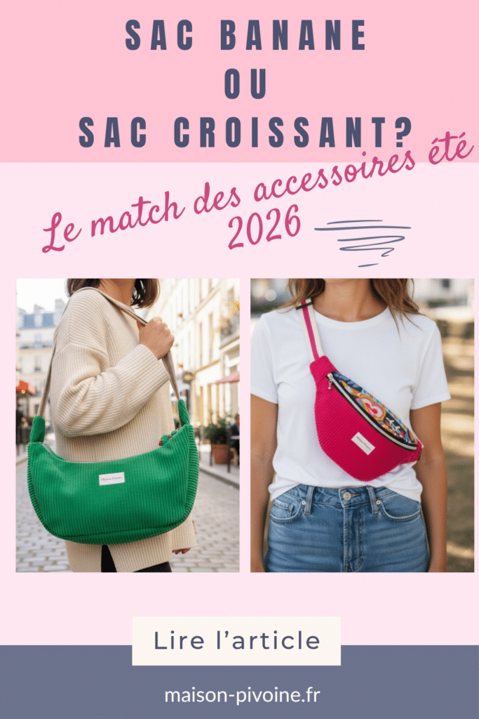 Sac banane ou sac croissant ? Le match des accessoires été 2026 — sac croissant vert Cosmos et sac banane rose Musa portés, créations artisanales Maison Pivoine