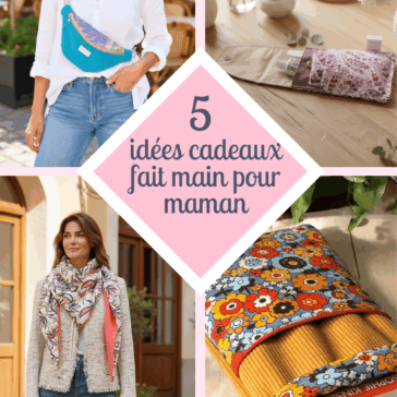 Collage 5 idées cadeaux fête des mères fait main Maison Pivoine : sac banane, étui brosse à dents, pochette à livre, chèche
