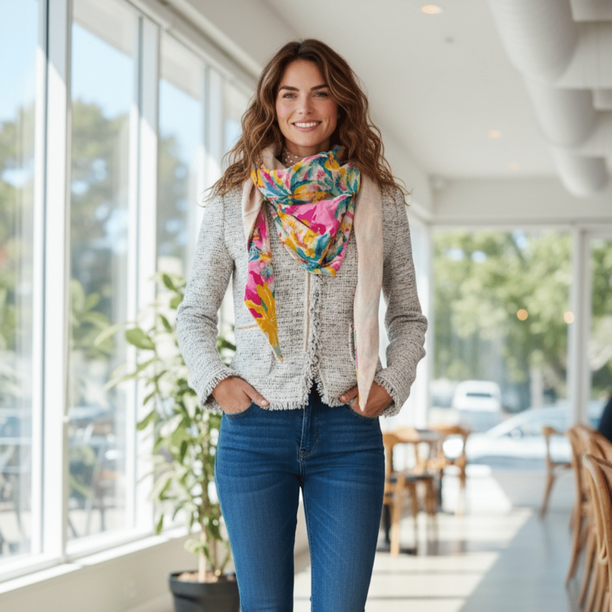 Jeune femme souriante, mains dans les poches, portant le chèche de Maison Pivoine dans un café lumineux. Le chèche apporte une touche de couleur à son look (jean et veste en tweed).