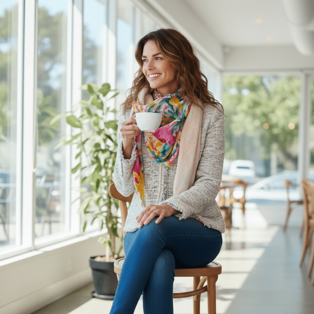 Portrait d'une femme assise dans un café, buvant une boisson chaude, et portant le chèche de Maison Pivoine. Le côté gaze de coton dorée est bien visible.