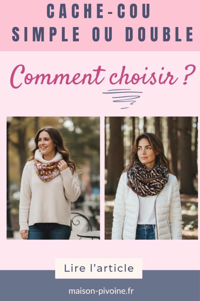 cache-cou-simple-ou-double-reversible Deux femmes portant chacune un cache-cou artisanal, l’une en version simple, l’autre en version double.