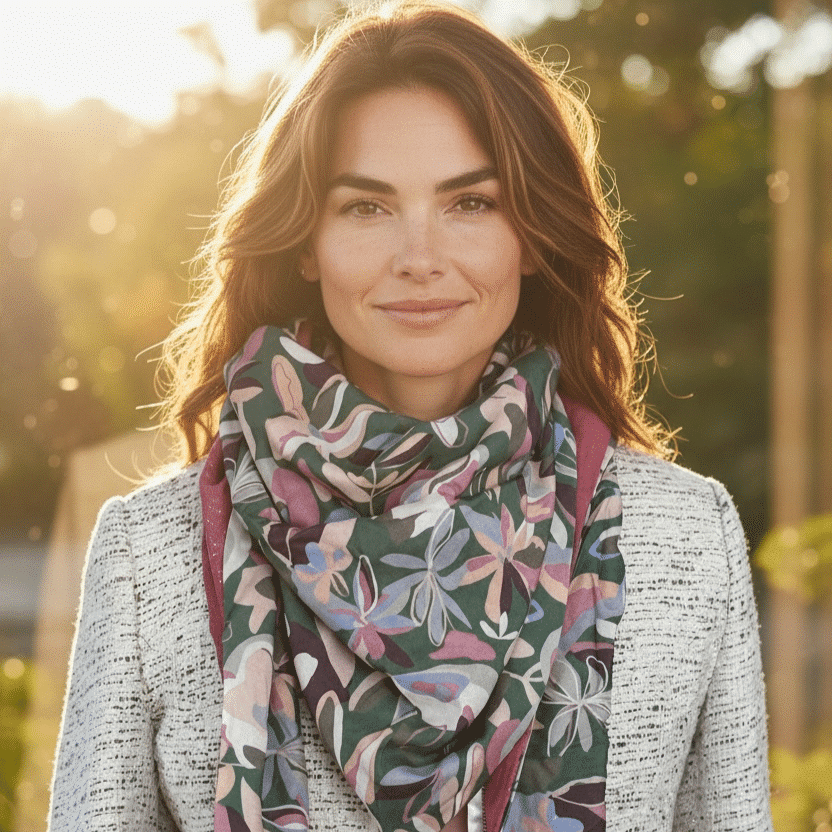 femme portant une chèche autour du cou de couleur vert et rose avec des motifs de fleurs