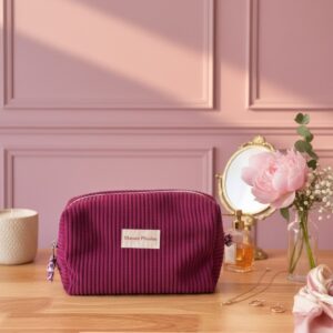 Trousse de toilette en velours côtelé mauve Maison Pivoine dans une ambiance lifestyle douce avec miroir et pivoines roses.