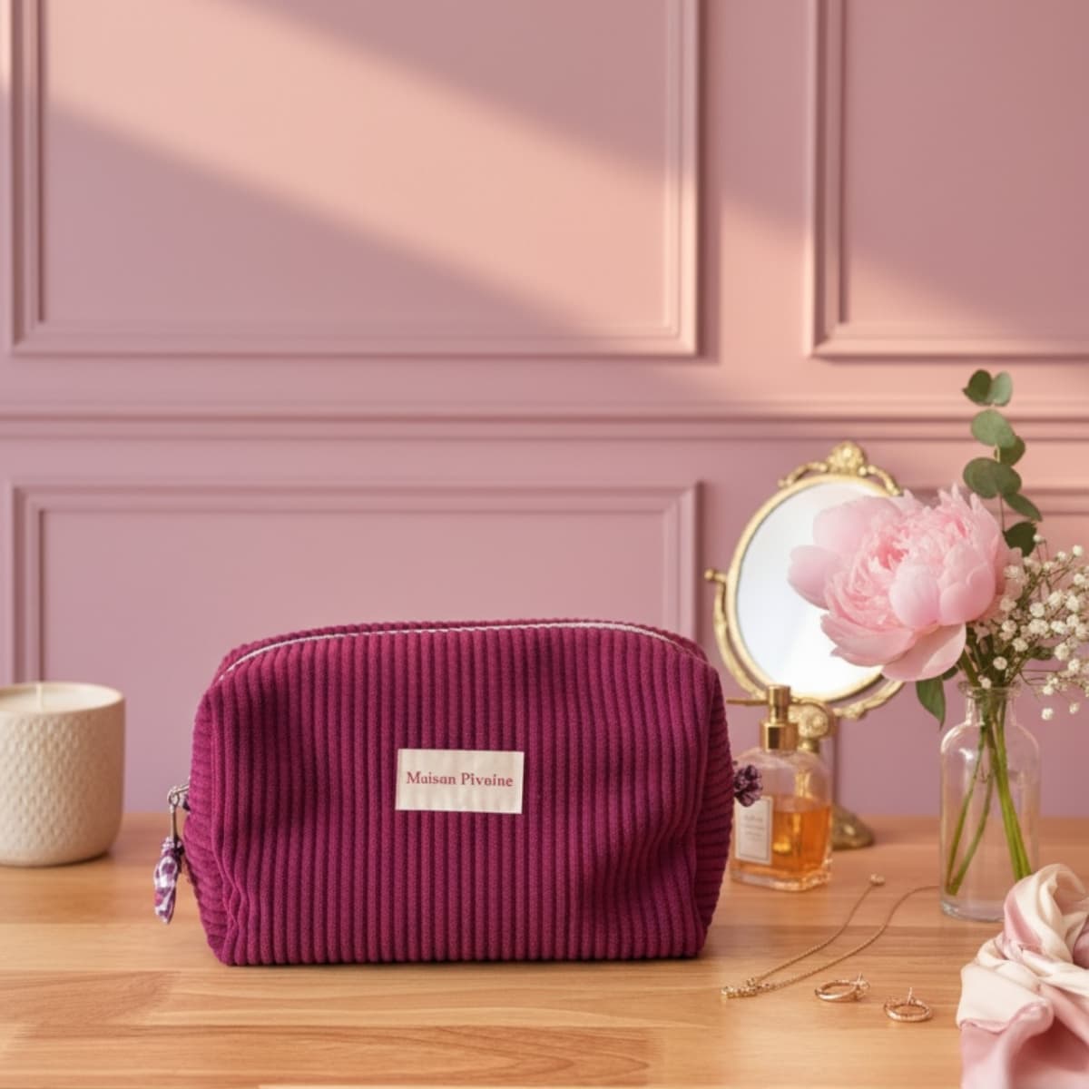 Trousse de toilette en velours côtelé mauve Maison Pivoine dans une ambiance lifestyle douce avec miroir et pivoines roses.