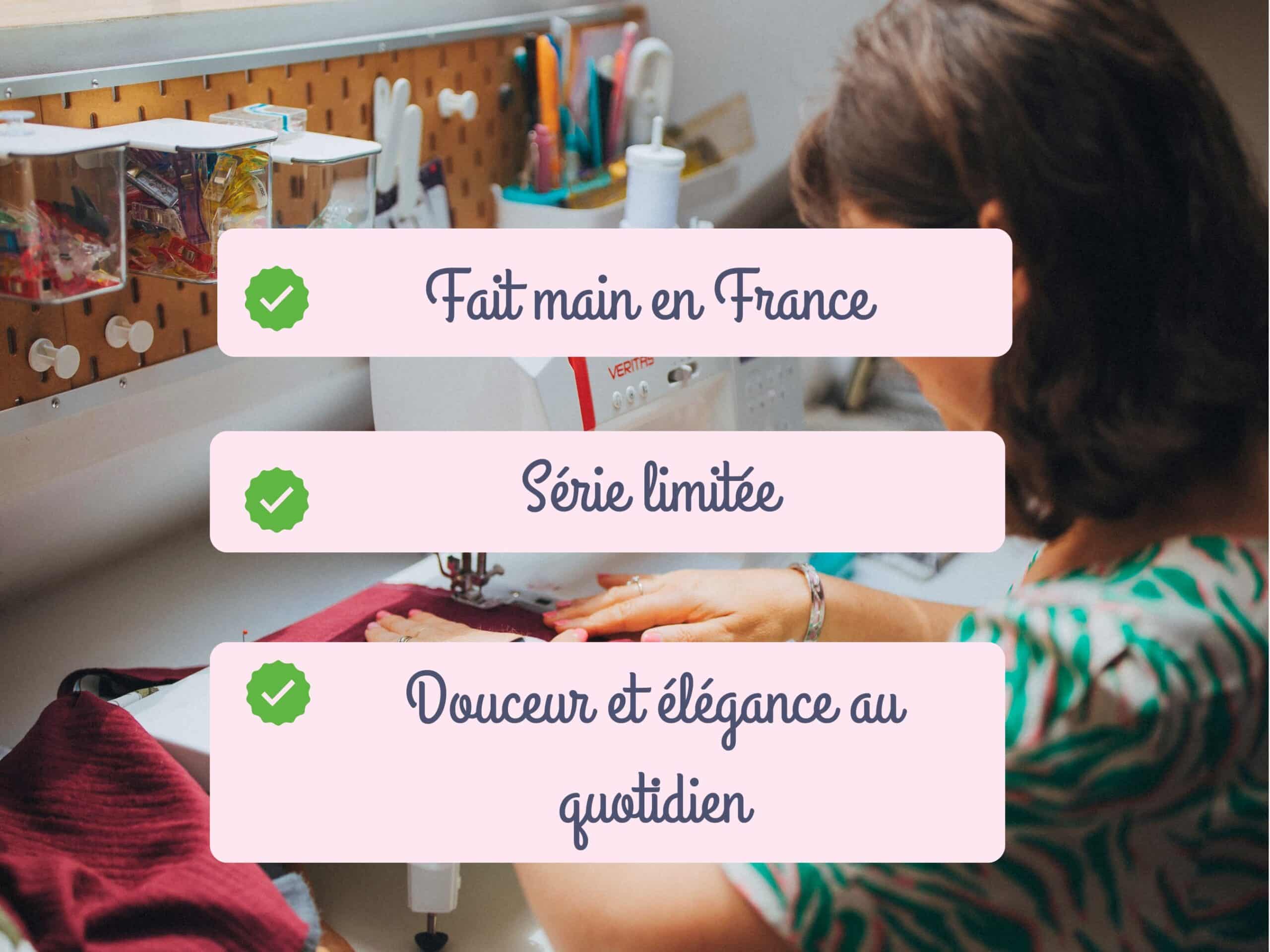 Visuel de présentation Maison Pivoine : - Fait main en France dans mon atelier - Série limitée, chaque pièce est confectionnée en petite quantité - Douceur et élégance au quotidien pour accompagner vos tenues