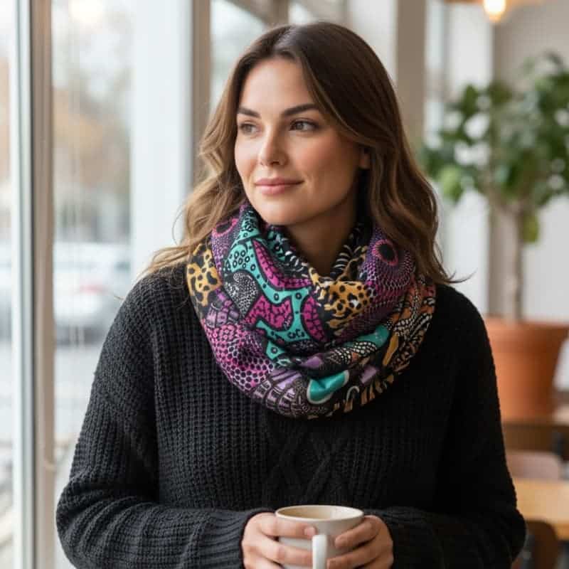 Écharpe tube double tour pour femme, cousue dans un joli patchwork de motifs graphiques et animaliers. Les couleurs vives (rose, turquoise, jaune, noir) illuminent le visage et apportent une touche de pep’s à n’importe quel pull uni. Idéale pour l’hiver : douce, bien enveloppante et très confortable, elle se porte en un ou deux tours selon l’effet souhaité.