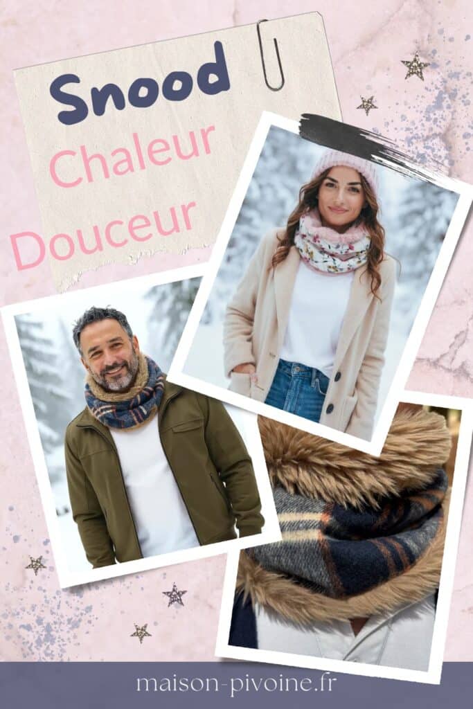 snood-hiver-femme-homme Snood fleuri artisanal avec fausse fourrure douce, confectionné à la main dans l’atelier Maison Pivoine.