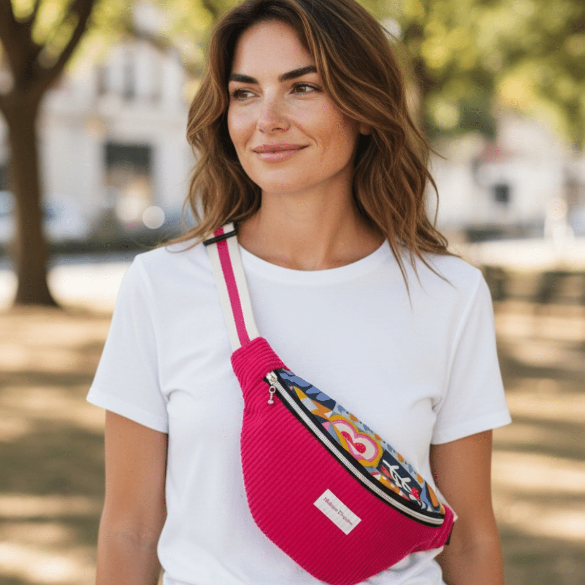 Jeune femme avec le grand sac banane fuchsia Maison Pivoine porté en bandoulière sur un t-shirt blanc, look urbain décontracté.