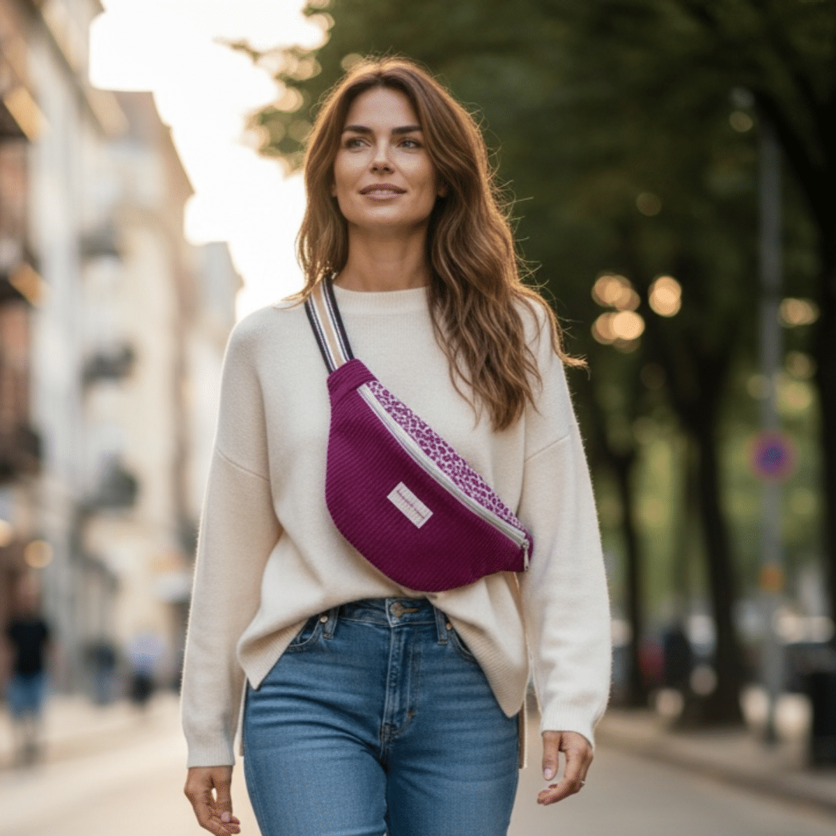 Femme portant le grand sac banane violet Maison Pivoine en bandoulière sur un pull torsadé blanc, style hivernal.