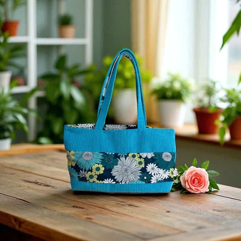 Sac cabas artisanal Maison Pivoine en velours côtelé turquoise et tissu fleuri vert et blanc, posé sur une table en bois avec une rose rose et des plantes en arrière-plan