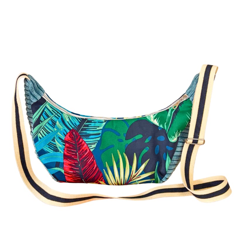 sac croissant femme velours bleu et coton imprimé floral - fait main en France par Maison Pivoine