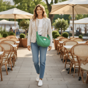 sac croissant vert porté par une femme