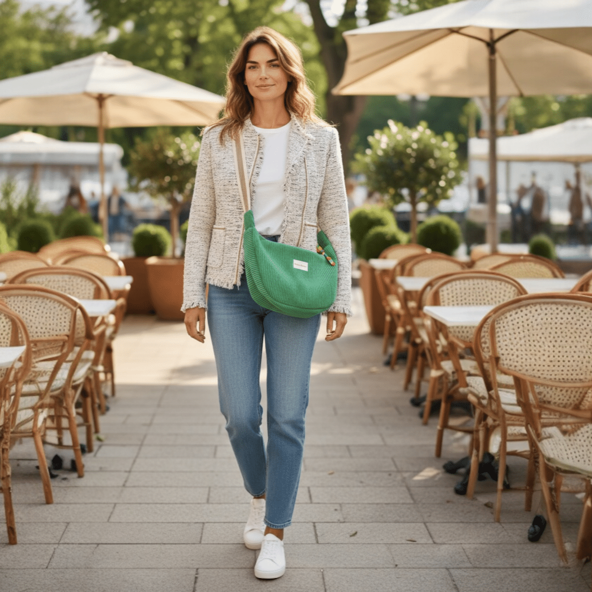 sac croissant vert porté par une femme