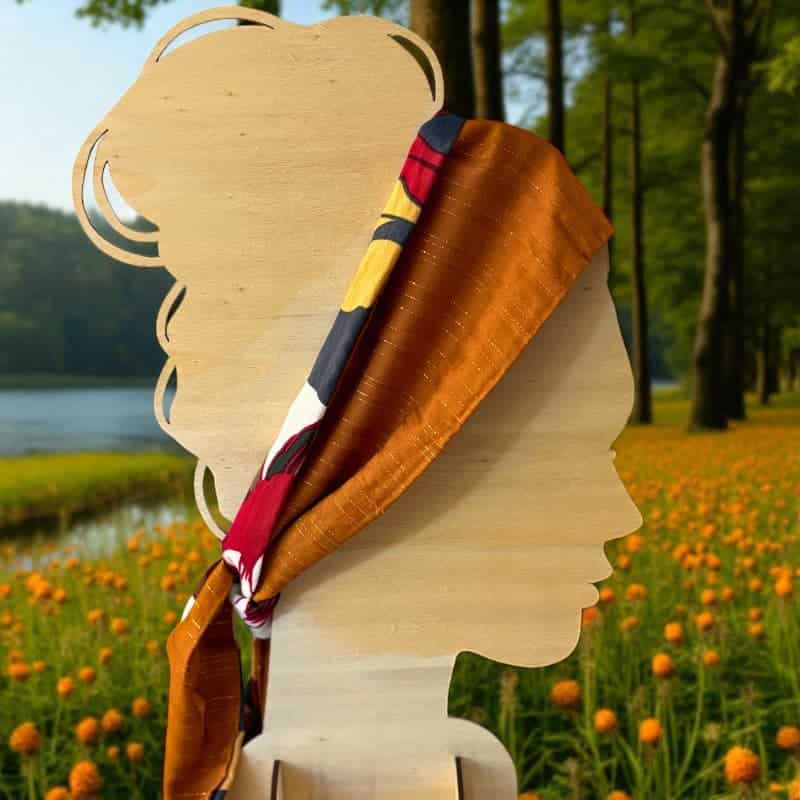 foulard mis en bandeau dans les cheveux dans les teintes vertes et jaune