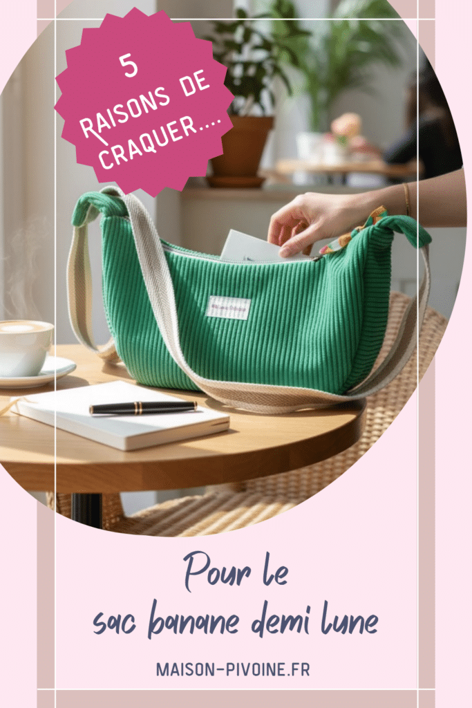 sac-banane-demi-lune (1) Sac banane demi lune Cosmos en velours côtelé vert posé sur une table en bois dans une ambiance café chaleureuse, avec une main glissant une carte à l'intérieur. Création artisanale Maison Pivoine, confectionnée à la main en Bretagne.