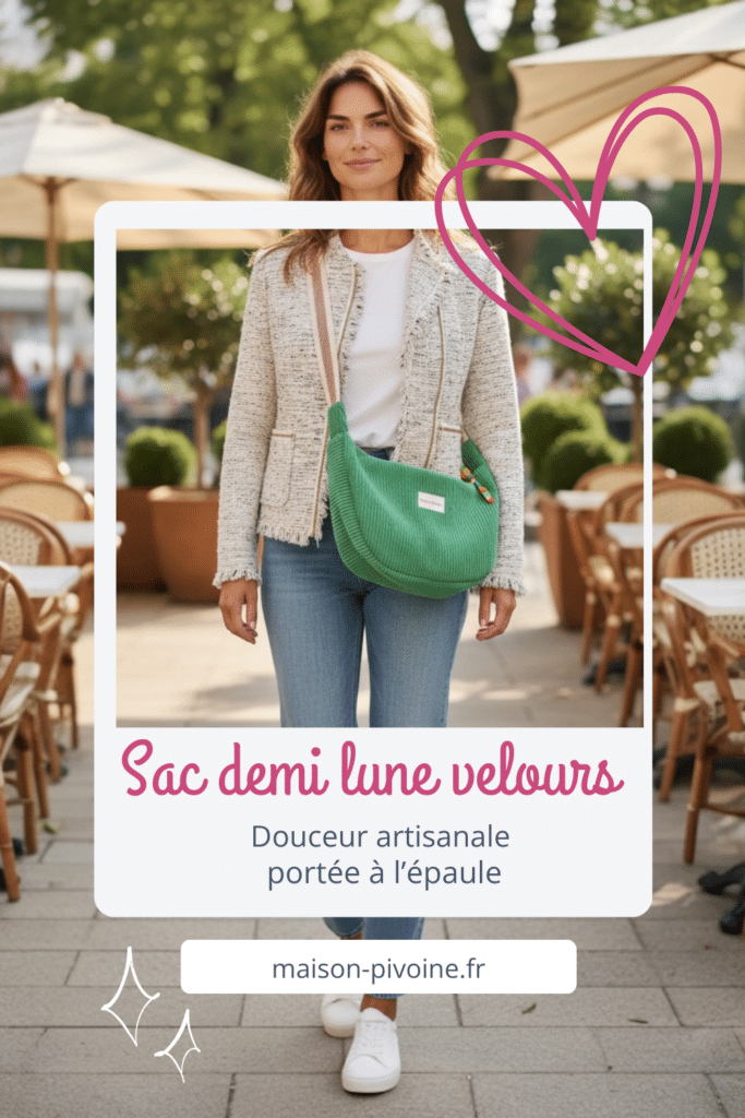 sac-banane-demi-lune-velours Femme souriante portant un sac banane demi lune Cosmos en velours vert en bandoulière, en terrasse de café en extérieur. Accessoire de mode artisanal féminin, création Maison Pivoine fait main en France.
