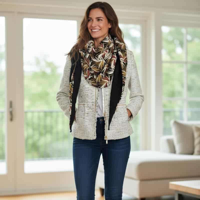 Femme portant un grand chèche femme noir réversible avec motif feuillage automnal, accessoire de mode artisanal élégant.