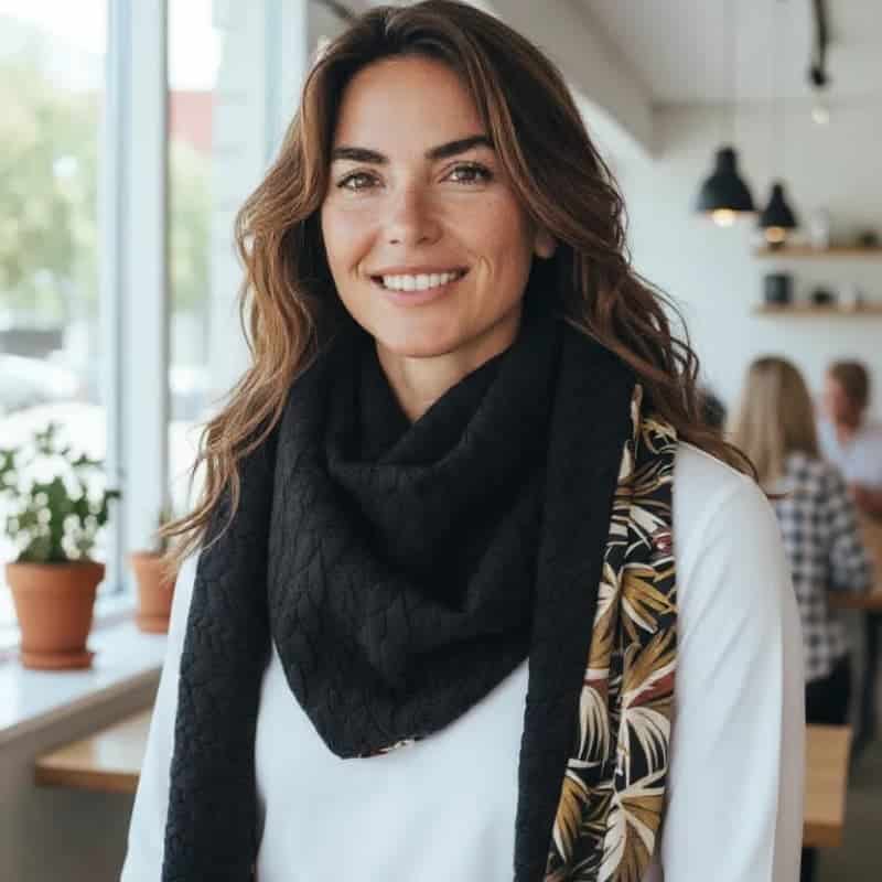 Modèle portant une écharpe femme noire réversible avec tissu imprimé feuillage, accessoire mode chaud et élégant.