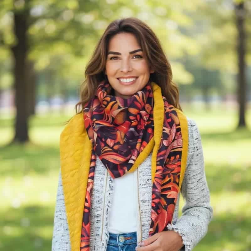 echarpe-femme-jaune-laine Écharpe femme réversible jaune moutarde et rouge orangé, portée en foulard triangle. Un accessoire fait main, polyvalent et tendance pour la mi-saison et l’hiver