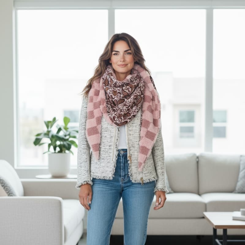 Foulard femme artisanal en viscose fleurie et fausse fourrure damier rose – Maison Pivoine