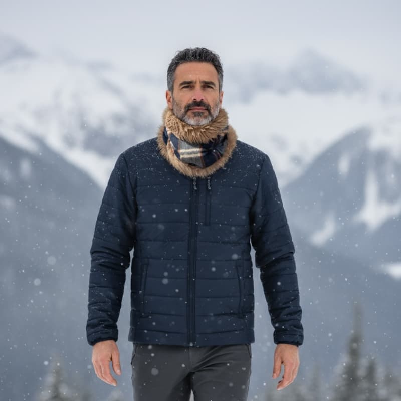 Homme portant un snood en laine et fausse fourrure bleu marine et camel, debout dans un paysage de montagne enneigé, accessoire artisanal Maison Pivoine