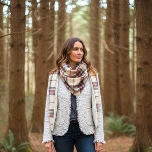 Jeune femme portant un grand chèche tartan crème et bordeaux, en forêt, ambiance automnale
