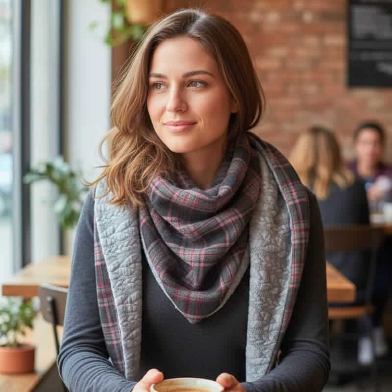 Femme assise en terrasse, enveloppée dans un chèche tartan noir et bordeaux, style chaud et cosy