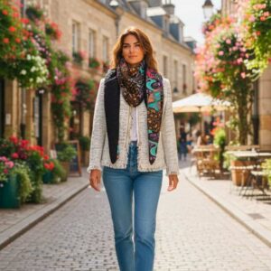 cheche-femme-noir-laine-tressee-reversible Chèche femme réversible noir et imprimé ethnique, porté en extérieur, création artisanale Maison Pivoine.