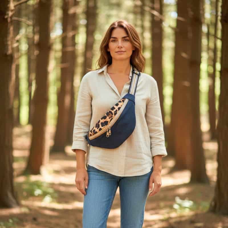 sacoche-banane-femme-leopard-jean's Femme portant une sacoche banane Maison Pivoine en jean’s recyclé et viscose léopard, en forêt, style décontracté chic.