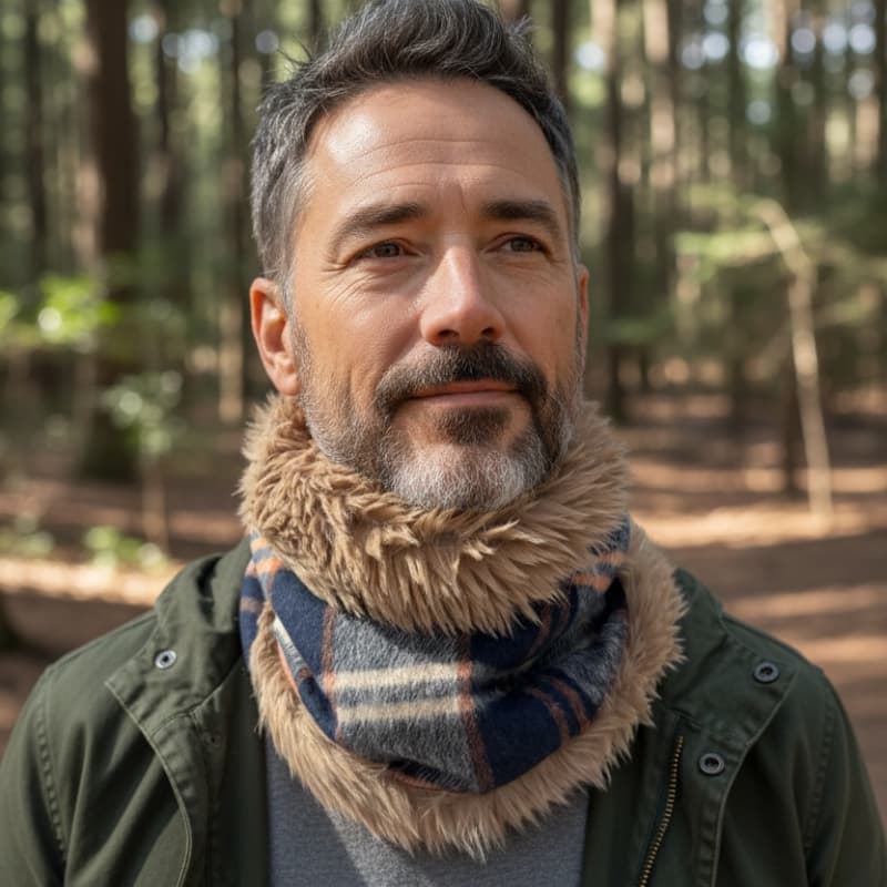 Portrait d’un homme portant un snood chaud en laine bleue et fausse fourrure beige, réalisé à la main en Bretagne par Maison Pivoine.