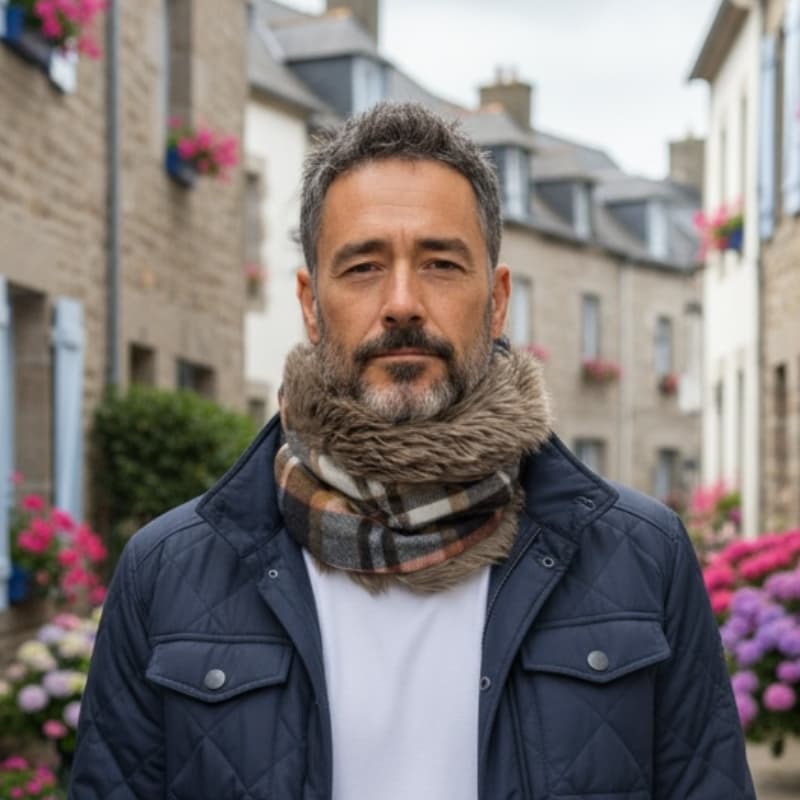 Tour de cou homme Maison Pivoine en laine tartan brun et fausse fourrure taupe, cousu main en Bretagne, style hivernal raffiné.