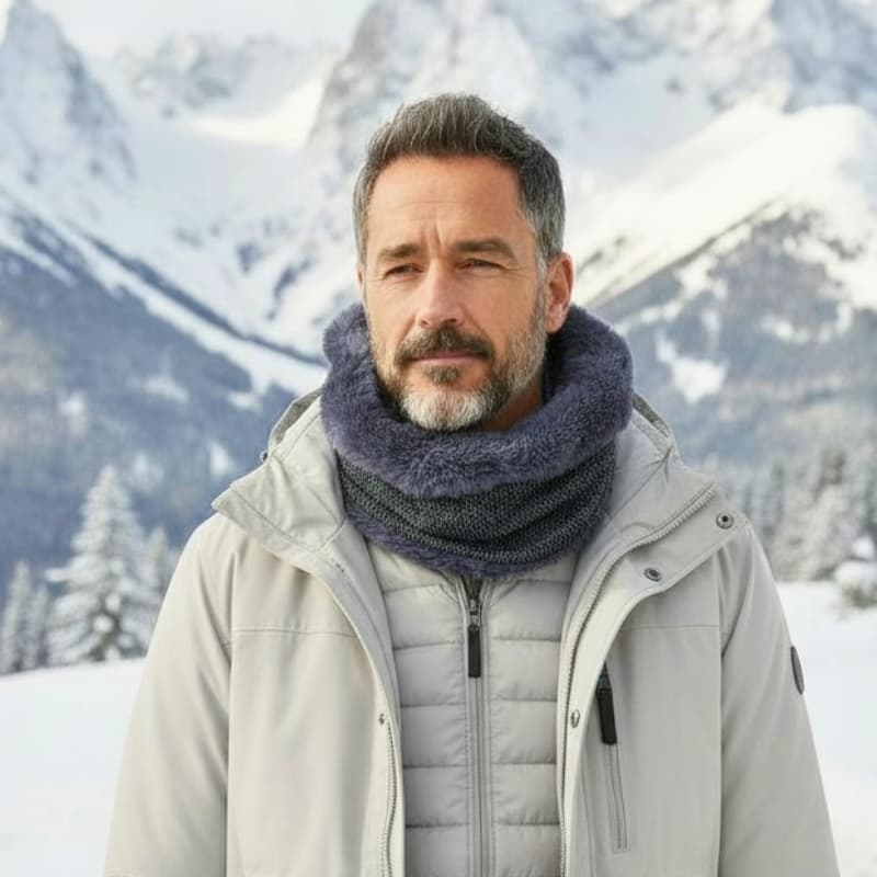 Homme en tenue d’hiver dans un décor de montagne enneigé, portant un snood bleu en fausse fourrure assorti à sa veste claire.