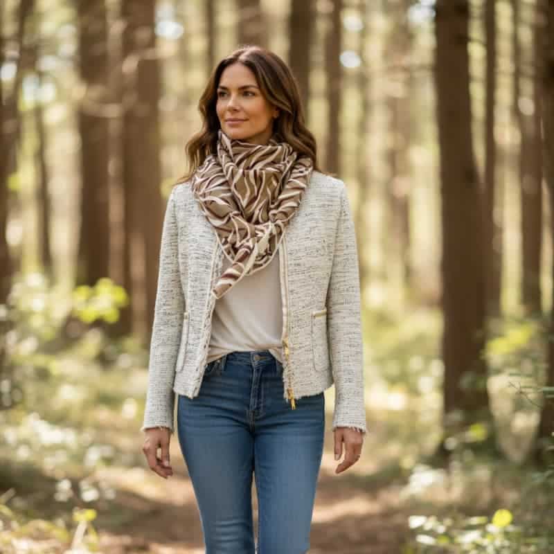 Maison Pivoine Une femme portant une veste légère, un jean et le Chèche femme zébré "Adenium" marche dans une forêt ensoleillée avec de grands arbres en arrière-plan. Fait main en Bretagne