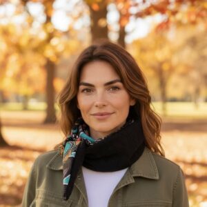 Femme portant le foulard Sophie Scarf en laine tressée et viscose colorée, dans un décor automnal.