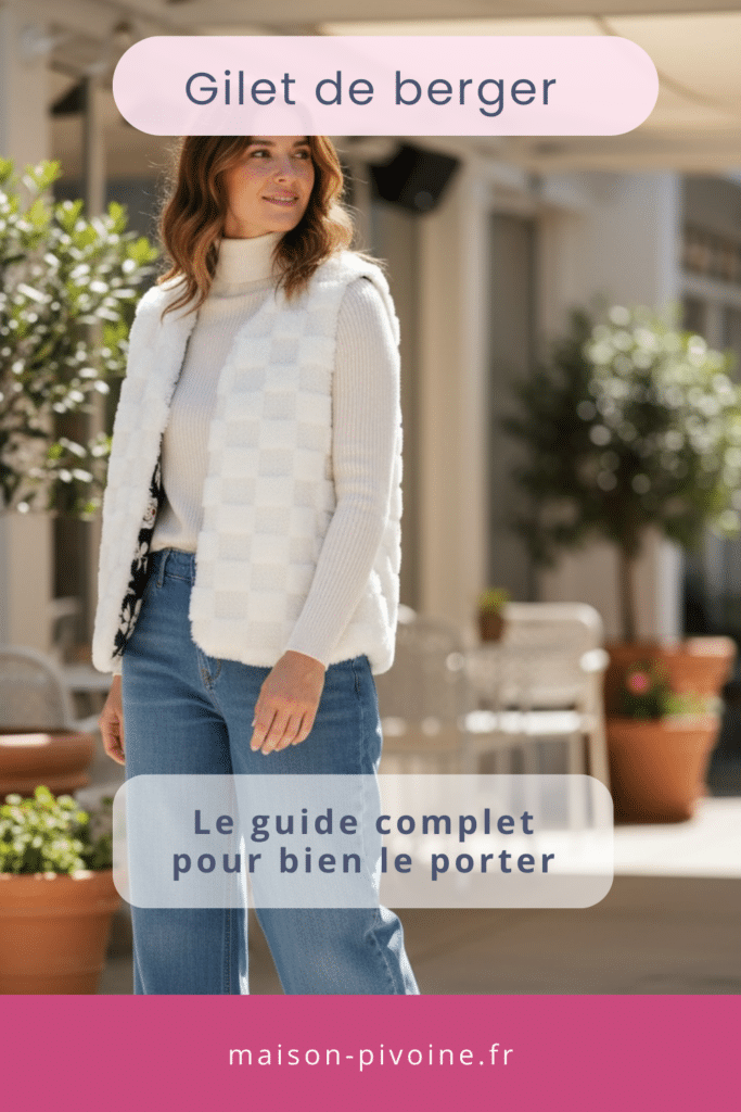 Femme portant un gilet de berger sans manche blanc en fausse fourrure avec col roulé et jean dans un intérieur lumineux. Texte : Gilet de berger - Le guide complet pour bien le porter - [maison-pivoine.fr](http://maison-pivoine.fr)