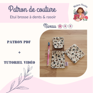 Maison Pivoine Découvrez le Patron étui brosse à dents Sauge - Tuto vidéo : un patron de couture PDF pour un étui à brosse à dents et rasoir, accompagné d'un tutoriel vidéo. Présenté en tissu léopard avec une brosse à dents. Fait main en Bretagne