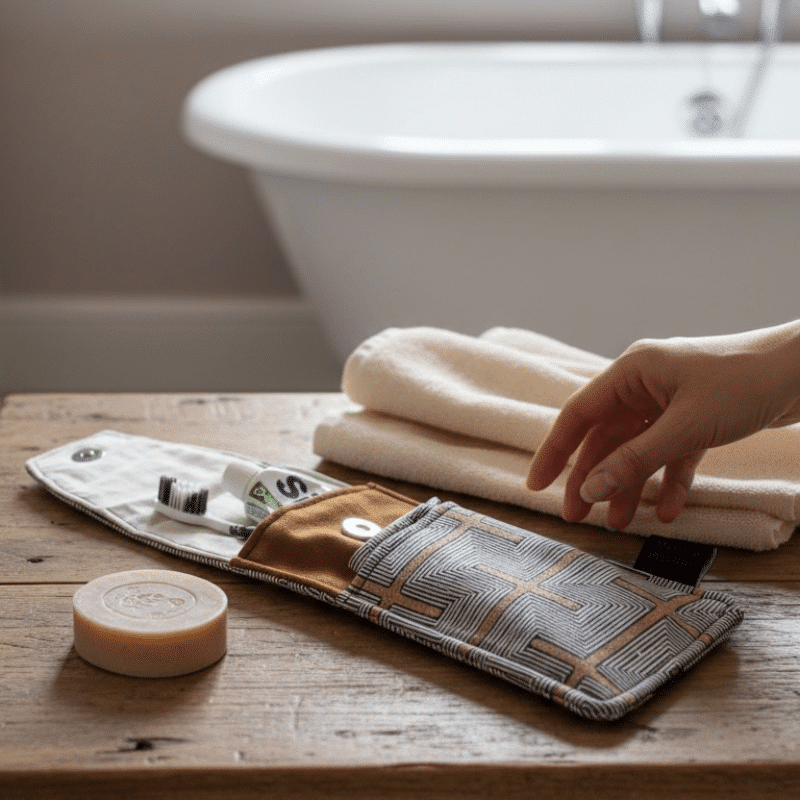etui brosse à dents dans les teintes caramel et tissu géometrique noir et gris. pochette brosse a dent pour homme