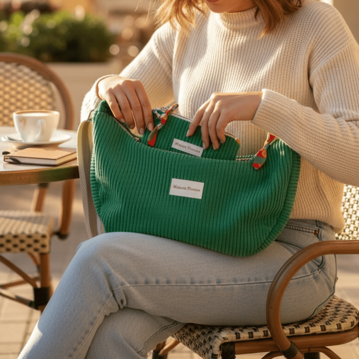 Porte-monnaie velours vert Maison Pivoine utilisé par une femme en terrasse de café, style de vie artisanal.