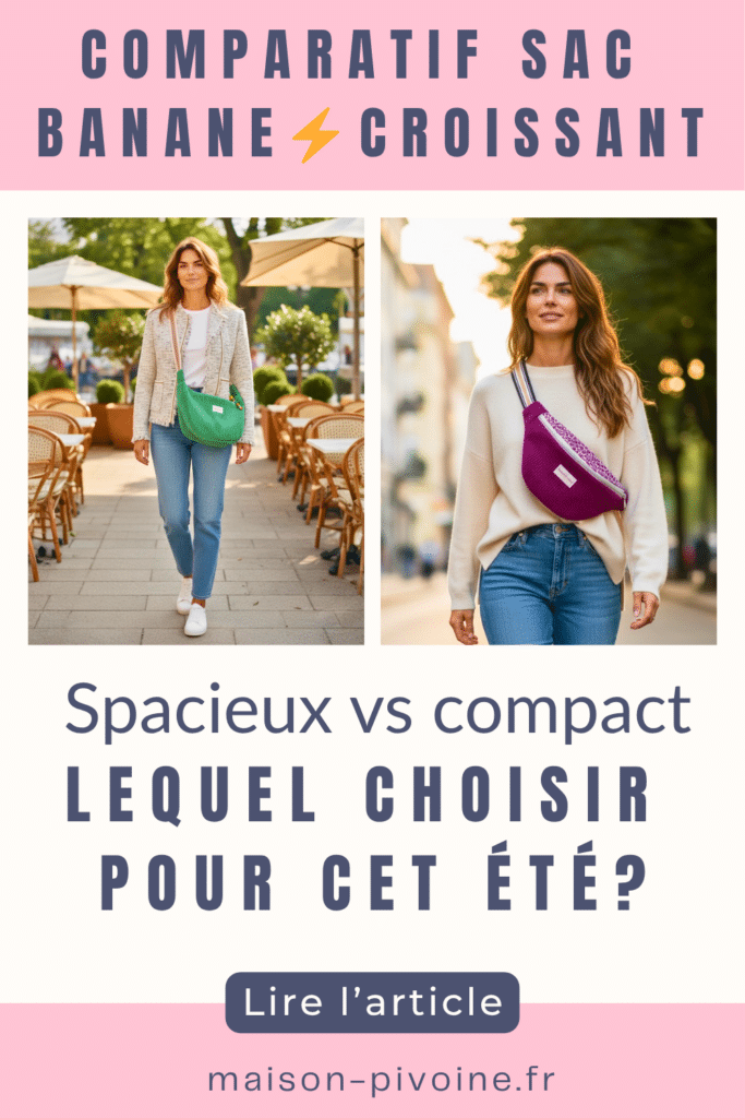 Épingle Pinterest comparatif sac banane Musa vs sac croissant Cosmos Maison Pivoine — deux femmes portant chaque sac en ville, avec titre "Comparatif sac banane et croissant, lequel choisir pour cet été ?" — créations artisanales made in France