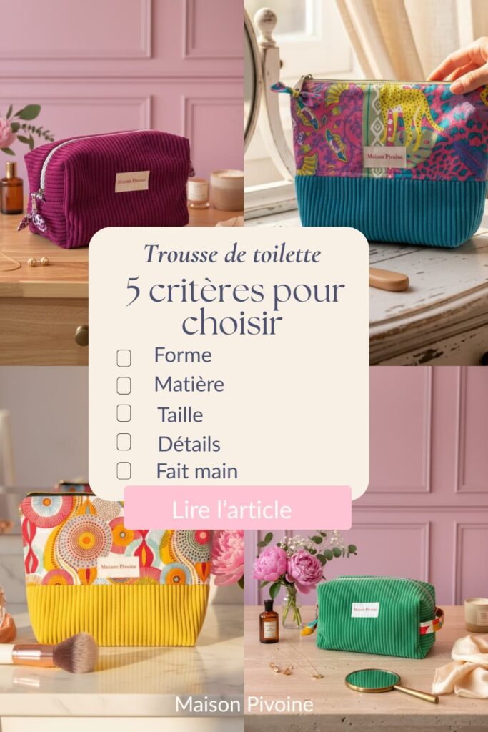 Infographie “5 critères pour choisir une trousse de toilette” sur fond clair, avec à gauche une trousse ouverte contenant quelques produits (brosse, crème, parfum) et à droite une checklist : forme, matière, taille, détails, fait main. »