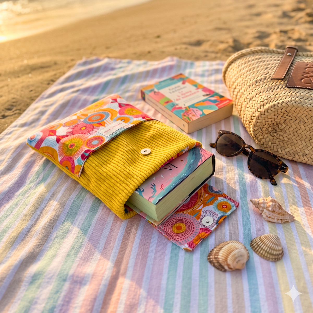 Pochette à livre format roman Maison Pivoine en velours côtelé jaune et tissu à motifs rosaces colorés, posée sur une serviette de plage au coucher du soleil avec des coquillages et des lunettes.