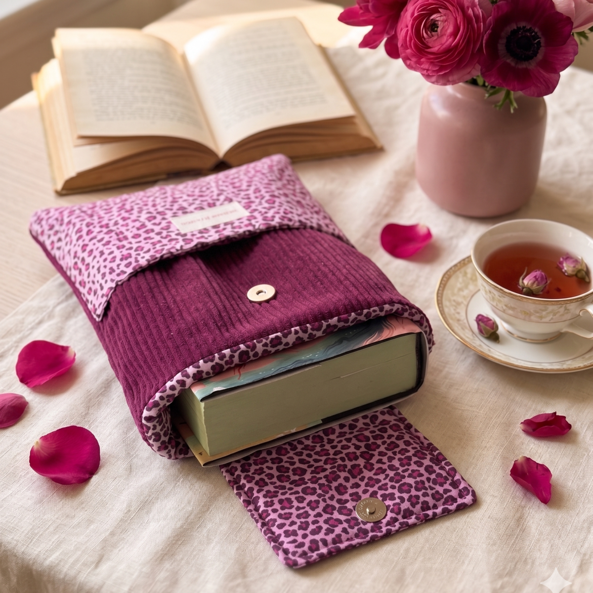 Pochette de protection pour roman artisanale en velours côtelé violet aubergine ou prune, avec une poche avant en tissu coton aux motifs léopard rose et violet.