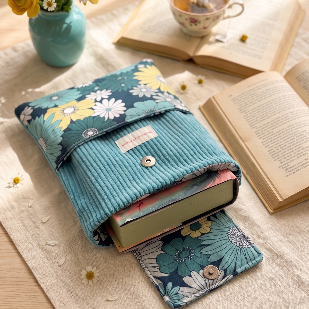 Mise en scène estivale sur un transat avec une pochette à livre en velours turquoise et motif floral, un chapeau de paille, des lunettes de soleil et un cocktail.