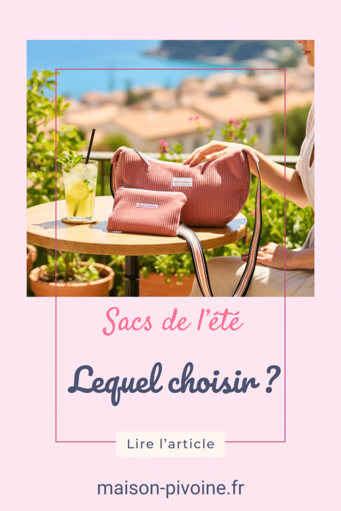 Épingle Pinterest Maison Pivoine — sac croissant Cosmos rose velours et trousse assortie posés sur une table en terrasse ensoleillée, créations artisanales faites main en France, avec titre "Sacs de l'été — Lequel choisir ?”