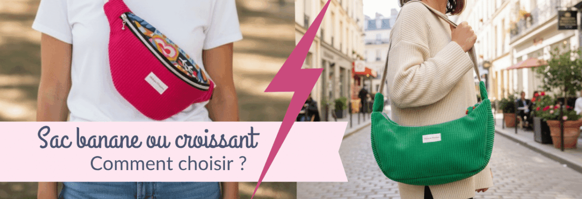 Sac banane Musa rose fuchsia porté à la taille et sac croissant Cosmos vert porté à l'épaule — comparatif Maison Pivoine, créations artisanales made in France