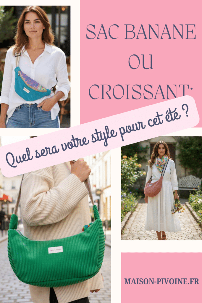 Épingle Pinterest Maison Pivoine — comparatif sac banane Musa et sac croissant Cosmos portés, créations artisanales faites main en France, avec titre "Sac banane ou croissant : quel sera votre style pour cet été