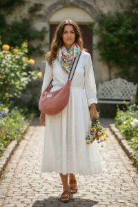 sac croissant rose porté sur une femme en robe blanche portant des fleur , en mode bohéme chic